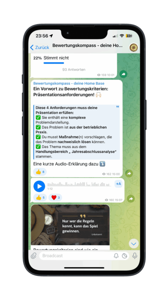 Telegram-Nachricht mit Kompass-Grafik für die 5-Tage-Tour zur Bewertung der Abschlusspräsentation in der mündlichen Bilanzbuchhalter-Prüfung