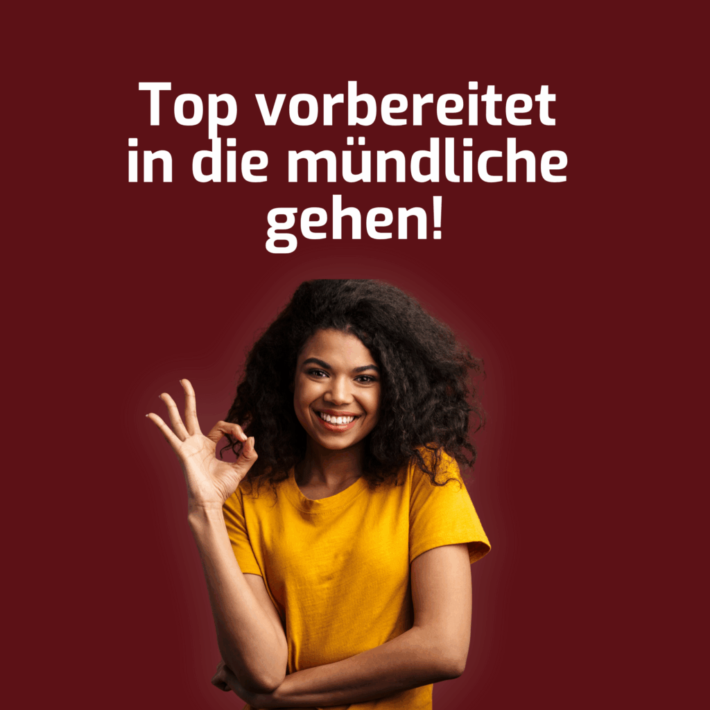 Junge Frau in gelbem Pullover zeigt „Okay“-Geste und lächelt, dazu Text: „Top vorbereitet in die mündliche Prüfung gehen“ – Online-Vorbereitungskurs von IHK-Prüferin für Bilanzbuchhalter-Abschlussprüfung.